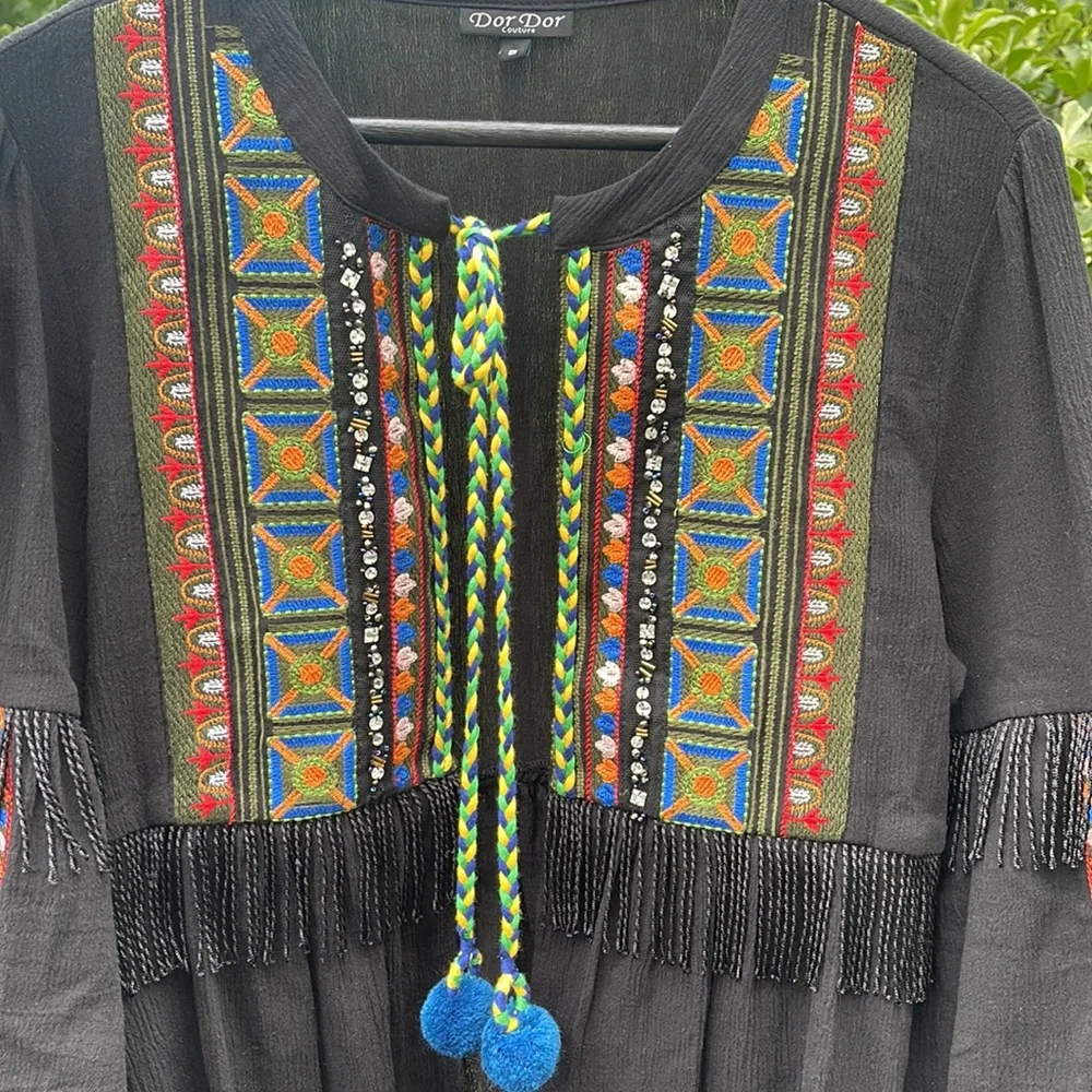 Anthropologie Dor Dor Couture Embroidered Beaded Rhinestone Fringe Shacket Top - Picture 5 of 16